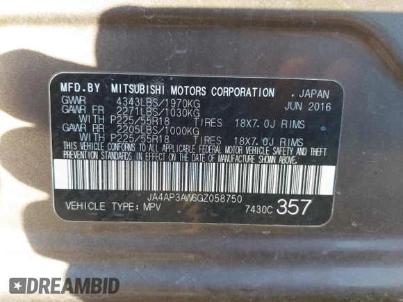 2016 Mitsubishi Outlander Sport 2.4 SE with VIN JA4AP3AW6GZ058750, listed as a IAAI auction lot 41007949 with 130,003 mi miles. Bid and sale history available at carsss.com. Image 9.