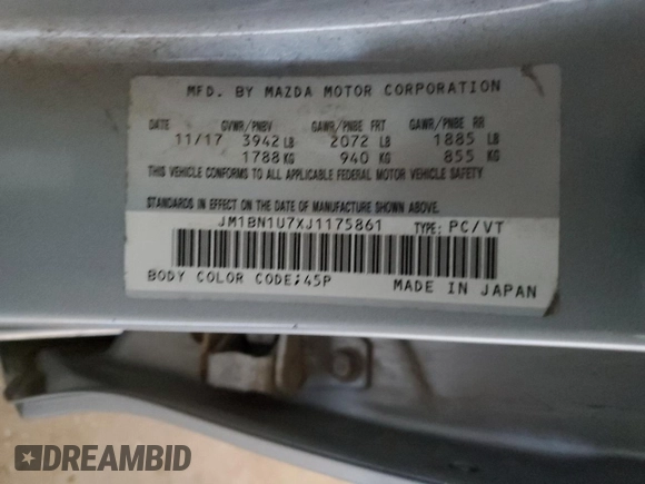 2018 Mazda 3 Sport with VIN JM1BN1U7XJ1175861, listed as a Copart auction lot 47324885 with Not Provided miles and Clean Title. Bid and sale history available at DreamBid. Image 12.