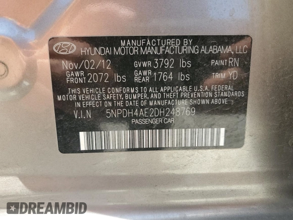 2013 Hyundai Elantra GLS с VIN 5NPDH4AE2DH248769, выставлен на аукционе Copart как лот 58932005 с пробегом 181 646 миль миль и Списание • Salvage title. История ставок и продаж доступна на DreamBid. Изображение 12.