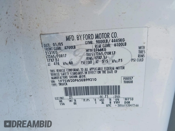 2005 Ford F-250 XL с VIN 1FTSW20P65EB99310, выставлен на аукционе IAAI как лот 42392852 с пробегом Не указан миль и . История ставок и продаж доступна на DreamBid. Изображение 9.