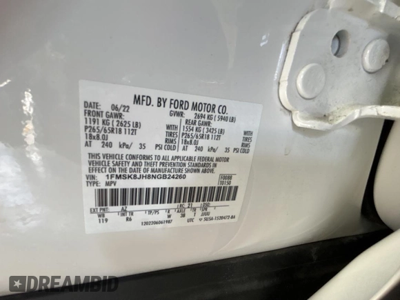 2022 Ford Explorer Timberline with VIN 1FMSK8JH8NGB24260, listed as a Copart auction lot 53477365 with 876 mi miles and Salvage Title. Bid and sale history available at carsss.com. Image 10.