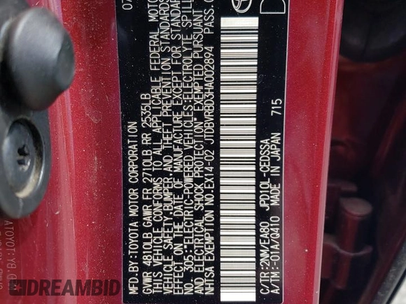 2017 Toyota Mirai с VIN JTDBVRBD3HA002894, выставлен на аукционе Copart как лот 56168385 с пробегом 68 364 миль миль и Чистый • Clean title. История ставок и продаж доступна на DreamBid. Изображение 12.