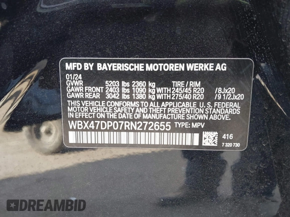 2024 BMW X3 sDrive30i with VIN WBX47DP07RN272655, listed as a IAAI auction lot 41018753 with 11,330 mi miles and . Bid and sale history available at DreamBid. Image 9.