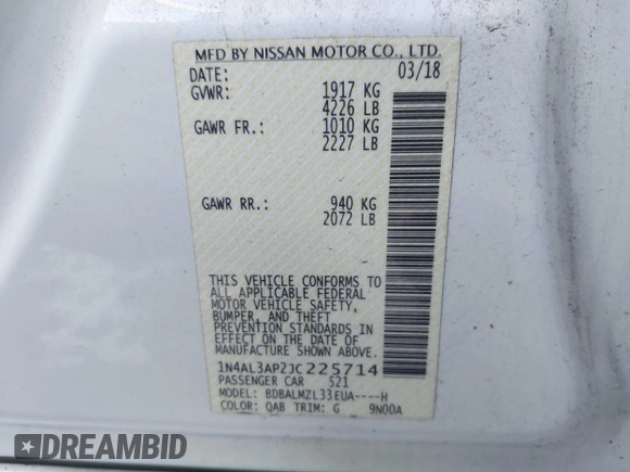 2018 Nissan Altima 2.5 S with VIN 1N4AL3AP2JC225714, listed as a IAAI auction lot 41200103 with 34,126 mi miles. Bid and sale history available at carsss.com. Image 9.