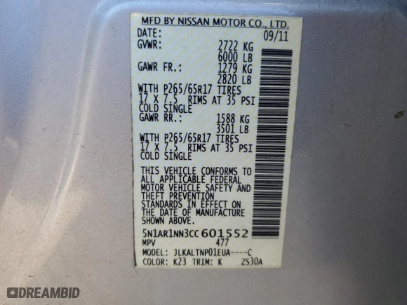 2012 Nissan Pathfinder LE with VIN 5N1AR1NN3CC601552, listed as a Copart auction lot 83875034 with 166,632 mi miles and Salvage Title. Bid and sale history available at carsss.com. Image 15.