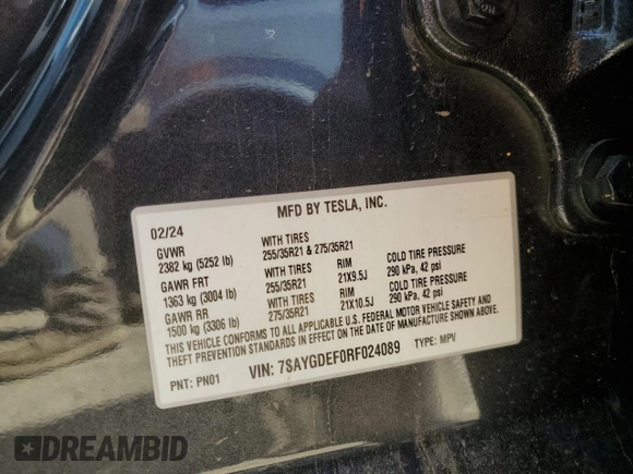 2024 Tesla Model Y Performance z VIN 7SAYGDEF0RF024089, wystawiony jako Copart lot #53981865 z przebiegiem Nie podano mil oraz Szkoda całkowita • Salvage title. Historia ofert i sprzedaży dostępna na DreamBid. Obrazek 12.