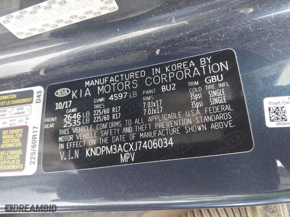 2018 Kia Sportage LX with VIN KNDPM3ACXJ7406034, listed as a IAAI auction lot 42007403 with 201,971 mi miles. Bid and sale history available at carsss.com. Image 9.