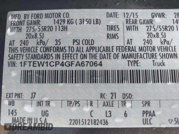 2016 Ford F-150 XL with VIN 1FTEW1CP4GFA67064, listed as a IAAI auction lot 42038095 with 62,402 mi miles and . Bid and sale history available at carsss.com. Image 9.
