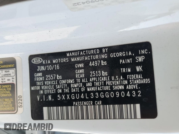 2016 Kia Optima EX with VIN 5XXGU4L33GG090432, listed as a Copart auction lot 49896145 with 103,430 mi miles and Salvage Title. Bid and sale history available at carsss.com. Image 13.