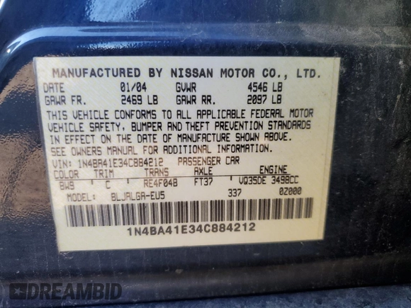 2004 Nissan Maxima SE with VIN 1N4BA41E34C884212, listed as a Copart auction lot 62488914 with 233,071 mi miles and Salvage Title. Bid and sale history available at carsss.com. Image 13.