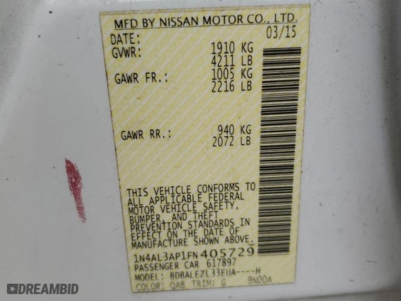 2015 Nissan Altima 2.5 SL with VIN 1N4AL3AP1FN405729, listed as a Copart auction lot 50149165 with 124,819 mi miles and Salvage Title. Bid and sale history available at carsss.com. Image 12.