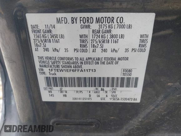 2015 Ford F-150 XLT with VIN 1FTEW1EF6FFA11713, listed as a IAAI auction lot 42287356 with 135,849 mi miles and . Bid and sale history available at DreamBid. Image 9.