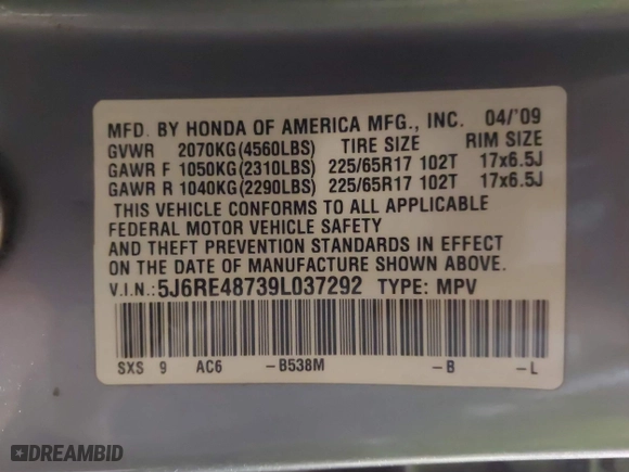 2009 Honda CR-V EX-L with VIN 5J6RE48739L037292, listed as a IAAI auction lot 41121290 with 150,597 mi miles. Bid and sale history available at carsss.com. Image 9.