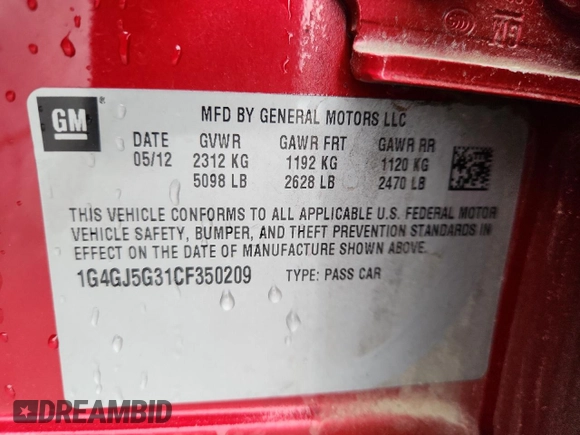 2012 Buick LaCrosse Touring with VIN 1G4GJ5G31CF350209, listed as a Copart auction lot 63625245 with 236,627 mi miles and Clean title. Bid and sale history available at DreamBid. Image 12.