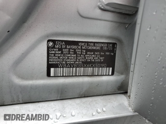 2006 BMW 3 Series 325i with VIN WBAVB135X6KX50190, listed as a Copart auction lot 48983335 with 134,295 mi miles and Salvage Title. Bid and sale history available at carsss.com. Image 14.