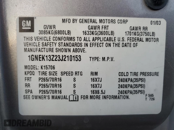 2003 Chevrolet Tahoe LT z VIN 1GNEK13Z23J210153, wystawiony jako Copart lot #46244775 z przebiegiem 234 541 mil mil oraz Szkoda całkowita • Salvage title. Historia ofert i sprzedaży dostępna na DreamBid. Obrazek 13.