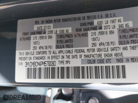 2023 Mazda CX-30 S Carbon Edition with VIN 3MVDMBCM4PM579080, listed as a IAAI auction lot 41941082 with 5,444 mi miles and . Bid and sale history available at DreamBid. Image 9.