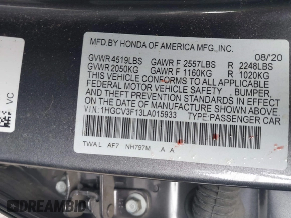2020 Honda Accord with VIN 1HGCV3F13LA015933, listed as a IAAI auction lot 41720543 with 64,943 mi miles and . Bid and sale history available at DreamBid. Image 9.