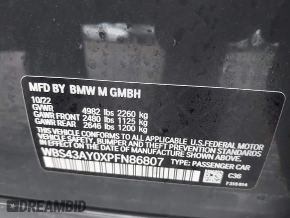 2023 BMW M3 Competition xDrive с VIN WBS43AY0XPFN86807, выставлен на аукционе IAAI как лот 41805104 с пробегом 28 773 миль миль и . История ставок и продаж доступна на DreamBid. Изображение 9.