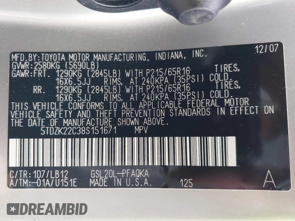 2008 Toyota Sienna XLE with VIN 5TDZK22C38S151671, listed as a IAAI auction lot 41046569 with 119,239 mi miles. Bid and sale history available at carsss.com. Image 9.