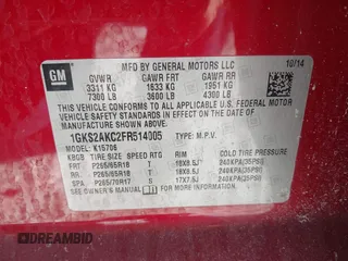 2015 GMC Yukon SLE with VIN 1GKS2AKC2FR514005, listed as a IAAI auction lot 41292783 with 129,413 mi miles. Bid and sale history available at carsss.com. Image 9.