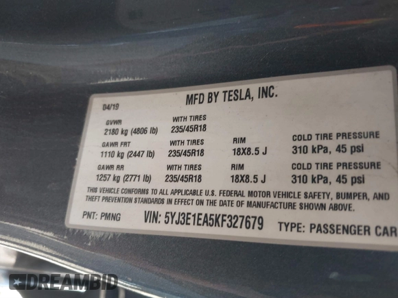 2019 Tesla Model 3 Mid Range with VIN 5YJ3E1EA5KF327679, listed as a IAAI auction lot 41804379 with 87,208 mi miles and . Bid and sale history available at DreamBid. Image 9.