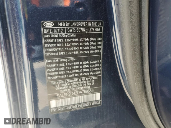 2013 Land Rover Range Rover Sport HSE with VIN SALSF2D42DA769656, listed as a Copart auction lot 59366205 with 75,323 mi miles and Clean title. Bid and sale history available at DreamBid. Image 13.