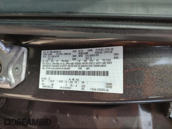 2017 Ford Escape Titanium with VIN 1FMCU9JD0HUC09357, listed as a Copart auction lot 52772915 with 99,062 mi miles and Clean Title. Bid and sale history available at carsss.com. Image 10.