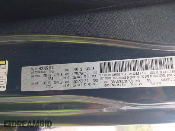 2016 Jeep Wrangler Unlimited Sport with VIN 1C4BJWDG6GL347759, listed as a IAAI auction lot 42057065 with 135,231 mi miles and . Bid and sale history available at DreamBid. Image 9.