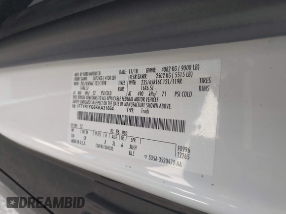 2019 Ford Transit z VIN 1FTYR1YG6KKA31664, wystawiony jako IAAI lot #42004855 z przebiegiem 132 828 mil mil oraz . Historia ofert i sprzedaży dostępna na DreamBid. Obrazek 9.