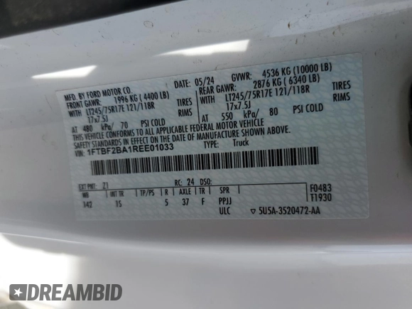 2024 Ford F-250 XL with VIN 1FTBF2BA1REE01033, listed as a Copart auction lot 57161275 with 49,465 mi miles and Salvage title. Bid and sale history available at DreamBid. Image 12.