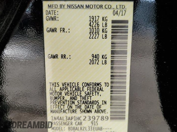 2017 Nissan Altima SR z VIN 1N4AL3AP1HC239789, wystawiony jako Copart lot #49060445 z przebiegiem 127 911 mil mil oraz Szkoda całkowita • Salvage title. Historia ofert i sprzedaży dostępna na DreamBid. Obrazek 13.