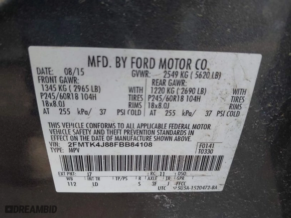 2015 Ford Edge SEL with VIN 2FMTK4J88FBB84108, listed as a IAAI auction lot 41785321 with 108,801 mi miles. Bid and sale history available at carsss.com. Image 9.