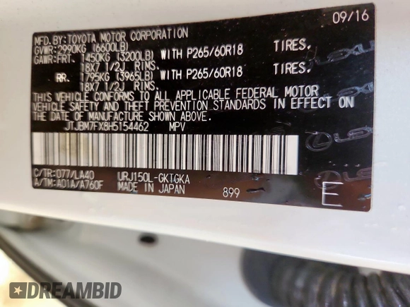 2017 Lexus GX 460 с VIN JTJBM7FX8H5154462, выставлен на аукционе Copart как лот 63524105 с пробегом 109 934 миль миль и Списание • Salvage title. История ставок и продаж доступна на DreamBid. Изображение 12.