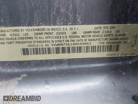 2009 Volkswagen Jetta SE with VIN 3VWRM71K19M049963, listed as a IAAI auction lot 42279906 with 157,290 mi miles and . Bid and sale history available at DreamBid. Image 9.