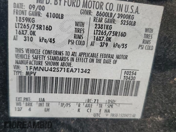 2001 Ford Excursion Limited z VIN 1FMNU42S71EA71342, wystawiony jako Copart lot #43636565 z przebiegiem 181 107 mil mil oraz Szkoda całkowita • Salvage title. Historia ofert i sprzedaży dostępna na DreamBid. Obrazek 15.