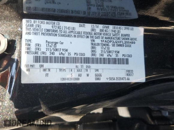 2015 Ford Focus Titanium with VIN 1FADP3J2XFL200489, listed as a Copart auction lot 56443215 with 139,990 mi miles and Clean title. Bid and sale history available at DreamBid. Image 13.