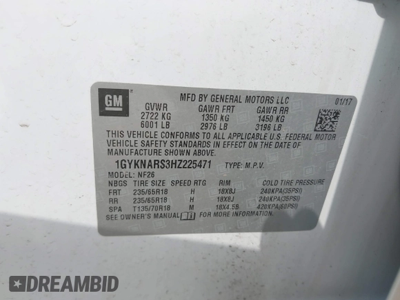 2017 Cadillac XT5 FWD with VIN 1GYKNARS3HZ225471, listed as a IAAI auction lot 42168166 with 149,685 mi miles and . Bid and sale history available at DreamBid. Image 9.