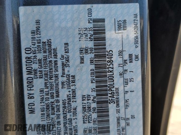 2020 Ford Fusion SE z VIN 3FA6P0LU0LR258405, wystawiony jako Copart lot #56320815 z przebiegiem 44 535 mil mil oraz Szkoda całkowita • Salvage title. Historia ofert i sprzedaży dostępna na DreamBid. Obrazek 12.