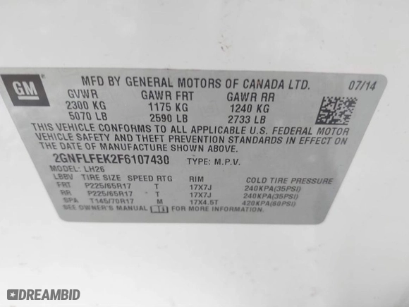 2015 Chevrolet Equinox LT with VIN 2GNFLFEK2F6107430, listed as a IAAI auction lot 41826637 with 102,531 mi miles. Bid and sale history available at carsss.com. Image 9.