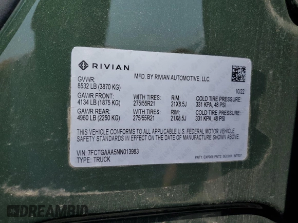 2022 Rivian R1T Adventure z VIN 7FCTGAAA5NN013983, wystawiony jako Copart lot #68013724 z przebiegiem 9 006 mil mil oraz Szkoda całkowita • Salvage title. Historia ofert i sprzedaży dostępna na DreamBid. Obrazek 12.