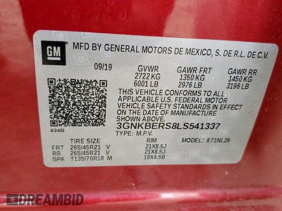 2020 Chevrolet Blazer RS with VIN 3GNKBERS8LS541337, listed as a Copart auction lot 62232975 with 35,919 mi miles and Salvage title. Bid and sale history available at DreamBid. Image 12.