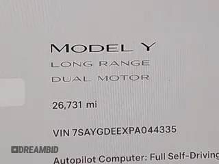 2023 Tesla Model Y Long Range with VIN 7SAYGDEEXPA044335, listed as a IAAI auction lot 42350159 with 26,731 mi miles and . Bid and sale history available at DreamBid. Image 7.