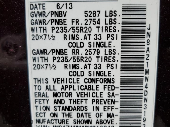 2013 Nissan Murano S with VIN JN8AZ1MW4DW319343, listed as a Copart auction lot 51769875 with 0 mi miles and Salvage Title. Bid and sale history available at carsss.com. Image 13.