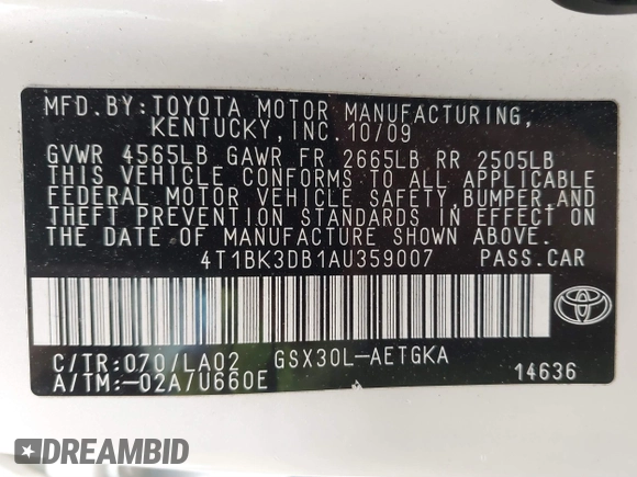 2010 Toyota Avalon XL with VIN 4T1BK3DB1AU359007, listed as a IAAI auction lot 41683221 with 70,020 mi miles and . Bid and sale history available at carsss.com. Image 9.