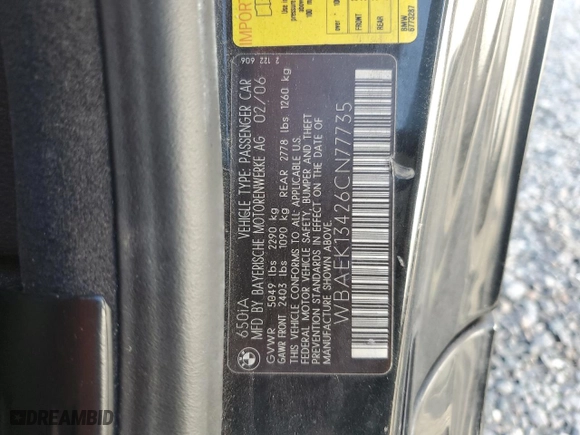 2006 BMW 6 Series 650Ci with VIN WBAEK13426CN77735, listed as a Copart auction lot 43308245 with 87,584 mi miles and Salvage Title. Bid and sale history available at carsss.com. Image 12.