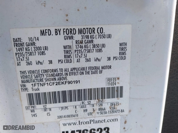 2014 Ford F-150 XL with VIN 1FTNF1CF2EKF90191, listed as a IAAI auction lot 41051891 with 125,850 mi miles. Bid and sale history available at carsss.com. Image 9.