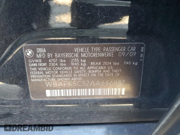 2010 BMW 3 Series 328i xDrive with VIN WBAPK5C52AA646887, listed as a Copart auction lot 52329525 with 163,249 mi miles and Salvage title. Bid and sale history available at DreamBid. Image 14.
