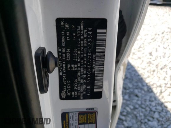 2013 Kia Optima EX with VIN 5XXGN4A72DG139344, listed as a Copart auction lot 50970565 with 218,459 mi miles and Salvage Title. Bid and sale history available at carsss.com. Image 12.