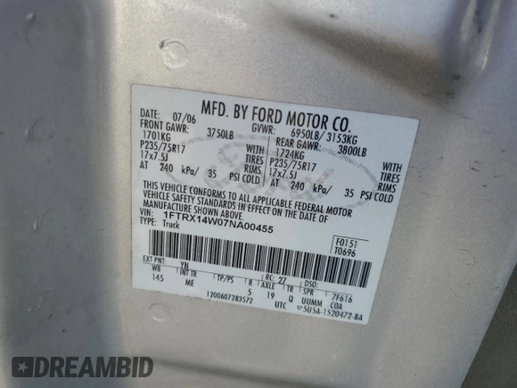 2007 Ford F-150 STX with VIN 1FTRX14W07NA00455, listed as a Copart auction lot 42367815 with 0 mi miles and Salvage Title. Bid and sale history available at carsss.com. Image 13.